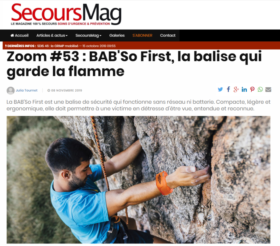 BAB'So First, nouvel équipement de sécurité et de survie, fait parler de lui dans le magazine SecoursMag du mois de novembre 2019.